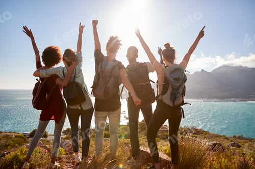 Preview: Millennial friends on a hiking trip celebrate reaching the summit and admire the view, back view