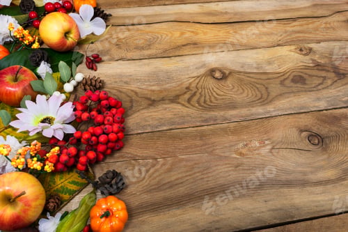 Preview: Apples and Berries on Rustic Wood Background