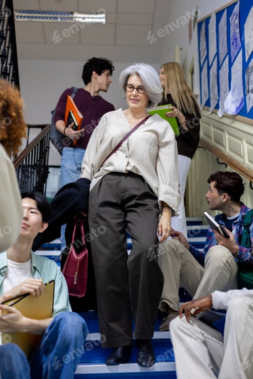 Preview: Mature female teacher walking down school stairs