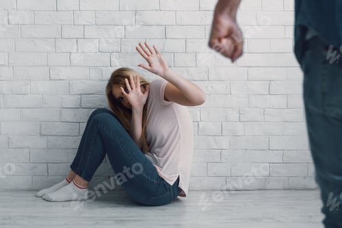 Preview: Beating and self-defense at home. Aggressive man about to attack frightened woman