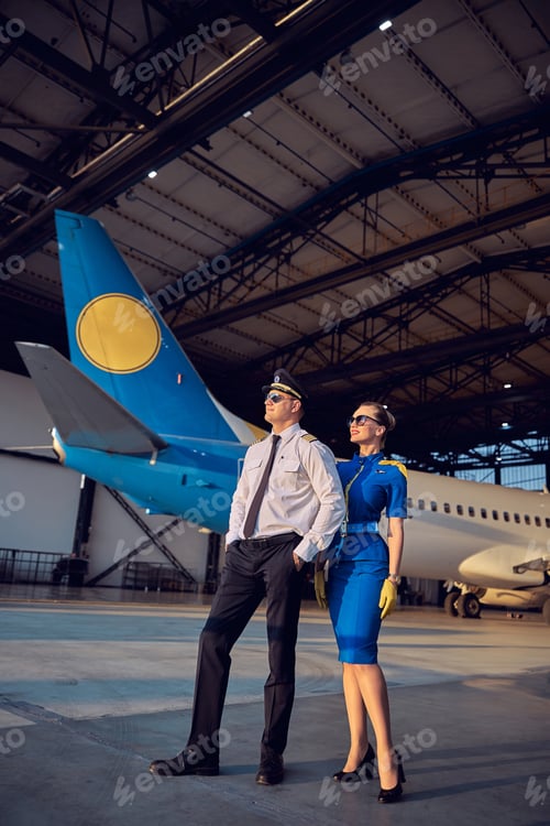 Preview: Happy friendly flight team standing in the hangar at the airport