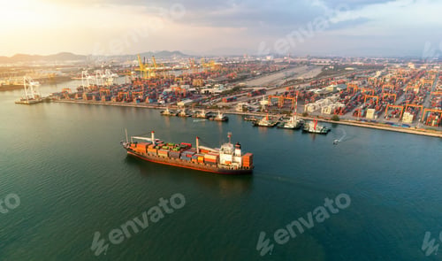 Preview: Arial view by drone camera transportation logistics and container dock cargo yard with working crane