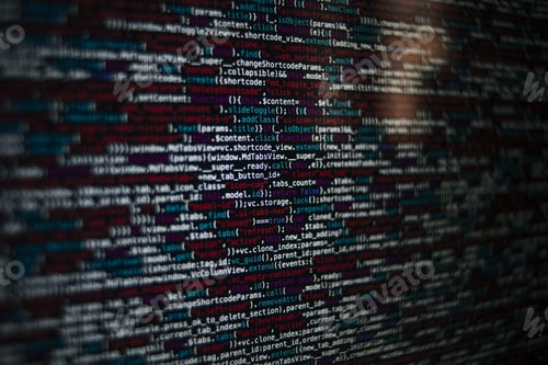 Preview: Closeup shot of a screen with HTML JavaScript source code for web page development data
