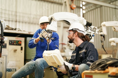Preview: Robotics engineer operating robot aided CNC machine in robotics research facility