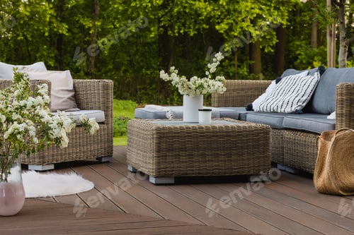 Preview: White flowers in vase next to wicker armchair on wooden terrace in green garden