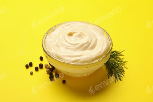 Preview: Bowl with mayonnaise, pepper and dill on yellow background