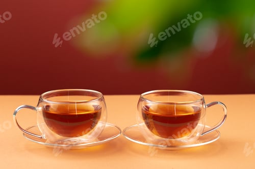 Preview: Two glass cups of black tea on beige table
