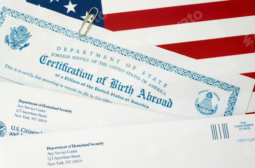 Preview: Fs-545 Certification of birth abroad lies on United States flag with envelope from Department of
