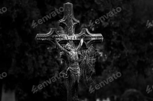 Preview: Cross with spider web in cemetery. Halloween background