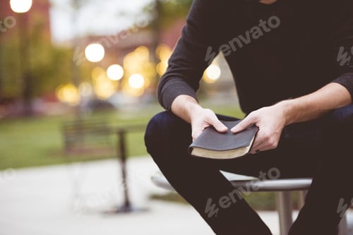 Preview: Male sitting on a park table while holding the bible with a blurred background