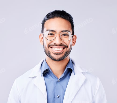 Preview: Happy, portrait and man doctor in a studio with glasses for vision, eye care and wellness. Smile, c