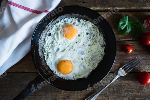 Preview: Scrambled eggs with tomatoes on wooden background