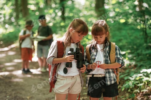 Preview: Looking for the way. Kids in forest at summer daytime together