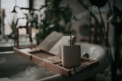 Preview: Luxury interior of eco style modern bathroom with oval bathtub and accessories at natural lighting