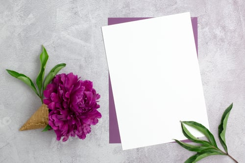 Preview: Blank sheet of paper and a peony flower in a waffle cup on a concrete background