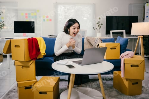 Preview: Online seller celebrating success with laptop and cardboard boxes