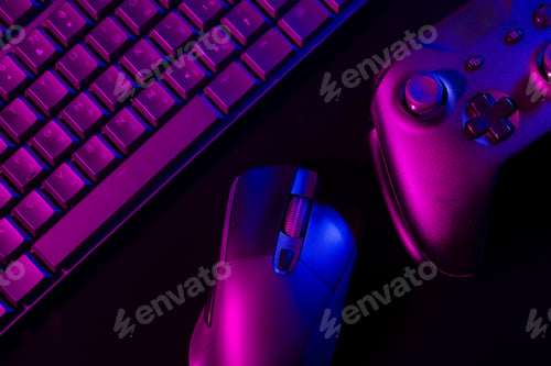 Preview: Computer keyboard, mouse and joystick on black background