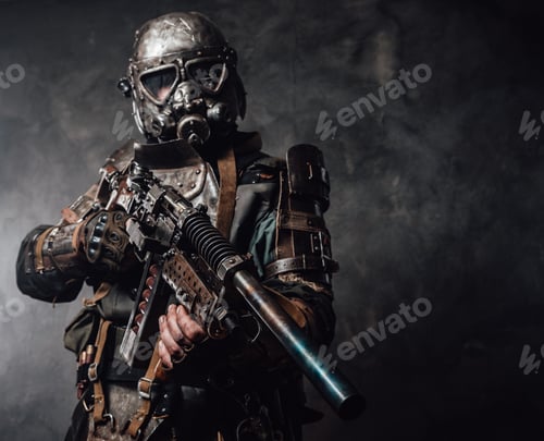 Preview: Apocalyptic armoured hunter with riffle in dark background