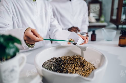 Preview: Close up of pharmacy technician's hands putting the tea in a bag in a vintage pharmacy.
