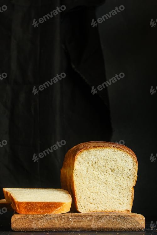 Preview: Bread White Golden Fresh Wheat Baking. Food Background Top View Copy Space