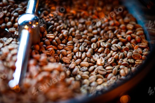 Preview: Coffee beans in a coffee machine, in dark colors.