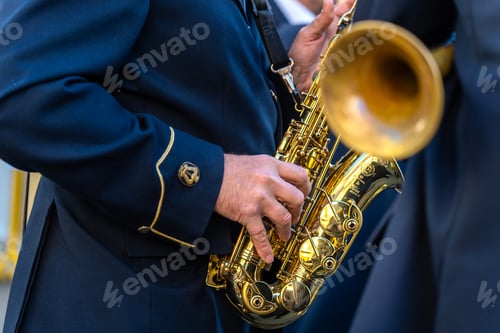 Preview: Wind instrument music band making music on the street.