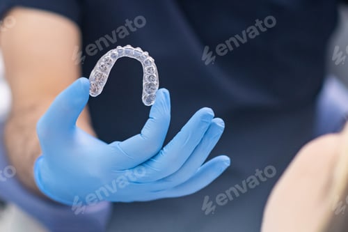 Preview: Orthodontist in rubber gloves holding transparent aligners for correction of dentition