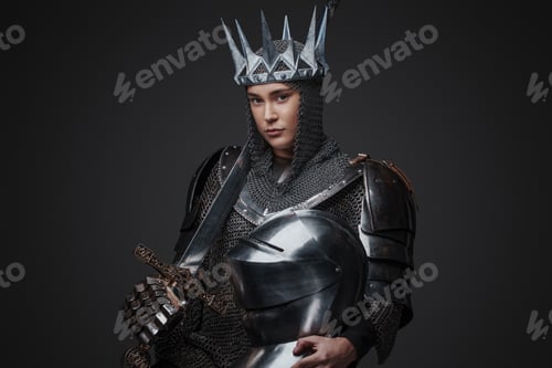 Preview: Medieval queen with sword and chainmail staring at camera