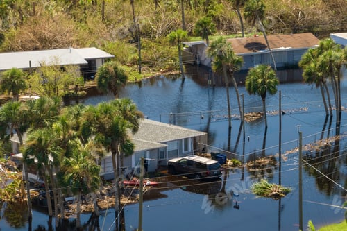 Preview: Aftermath of natural disaster. Surrounded by hurricane rainfall flood waters homes