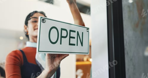 Preview: Open sign, cafe and woman in small business, door and entrepreneur with new store, welcome and smil