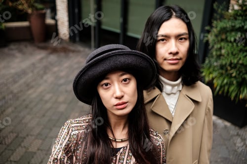 Preview: Young asian couple posing together outdoors in urban setting