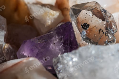 Preview: natural amethyst and clear quartz crystal close up