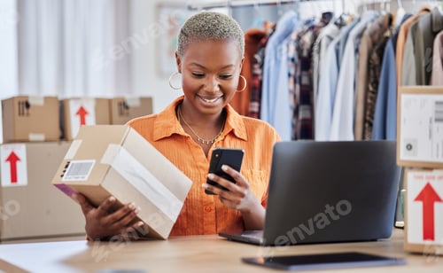 Preview: Black woman, phone and logistics of fashion designer for communication, sale or order at boutique s