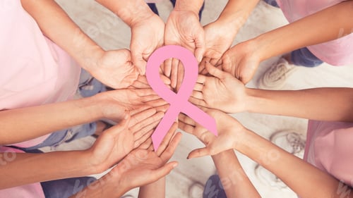 Female Hands Circle Holding Big Pink Ribbon Standing Together, Panorama