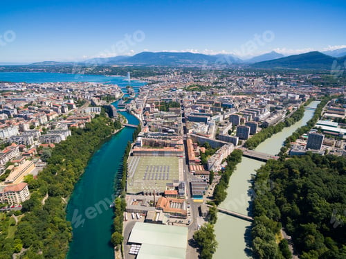 Preview: Aerial view of Arve an Rhone river confluent in Geneva Switzerl