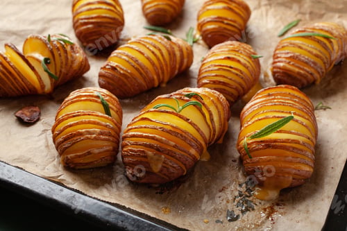 Preview: baked hasselback potato with cheddar cheese and rosemary