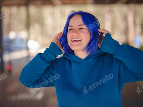 Preview: blue hair woman listening music