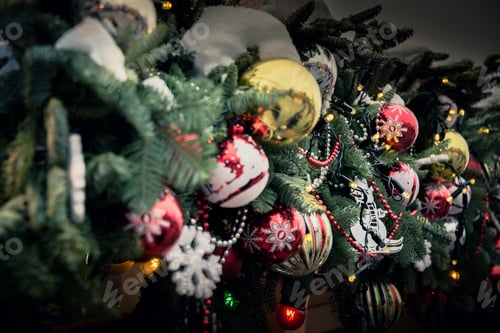 Preview: Details decorated Christmas kiosk with red, golden balls. Outdoor fair. Xmas.