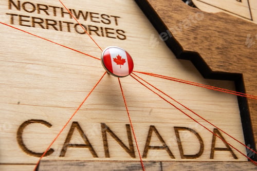 Preview: Canada flag on the pin with red thread showed the paths on the wooden map.