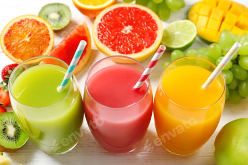 Preview: Glasses of different juices with straws and fresh fruits on wooden table, view from above