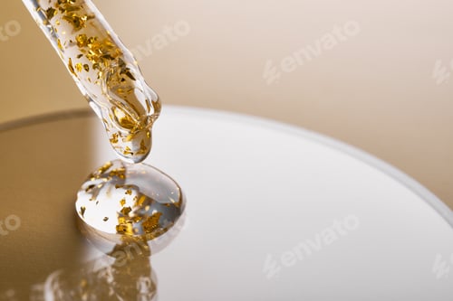 Preview: Pipette and gel cosmetic products with gold in a Petri dish on beige background