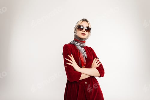 Preview: Sexy luxurious young woman in fashionable sunglasses with beautiful lips in vintage scarf