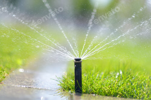 Preview: Automatic garden sprinkler in a public park.