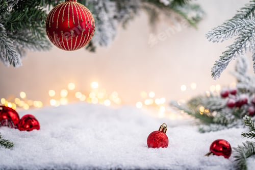 Preview: Red Christmas Ornaments on Snow with Frosted Pine Branches