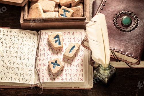 Preview: Runic stones and old book with ancient language