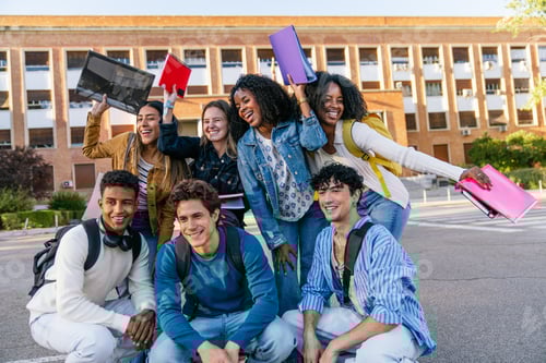 Preview: Diverse university students celebrating academic success on campus