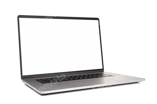 Preview: Modern laptop with blank white screen isolated on white background