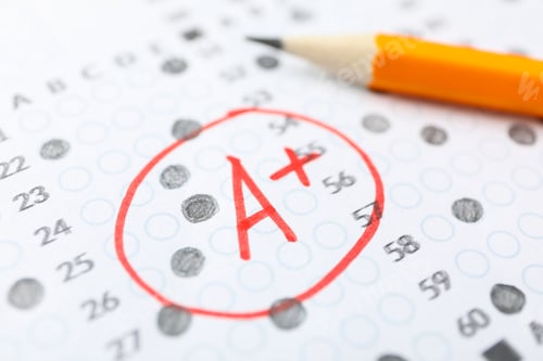 Preview: Test score sheet with answers, grade A+ and pencil, close up