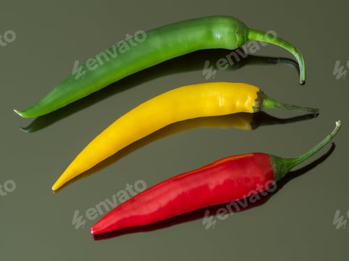 Preview: Three different colors hot peppers on the green background