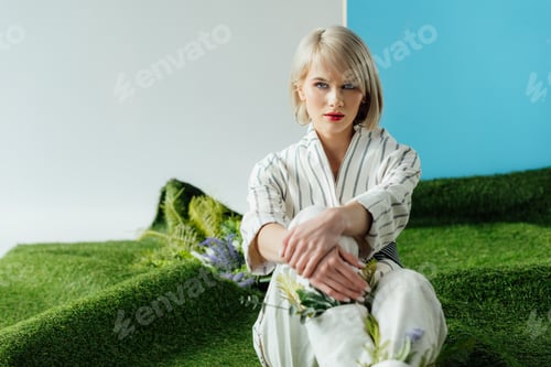 Preview: beautiful stylish blonde girl looking at camera and posing while sitting on artificial grass